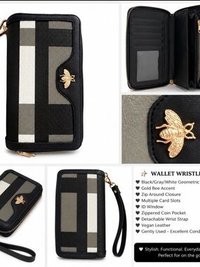 Black and Gray Bee Accent women’s Zip Wallet